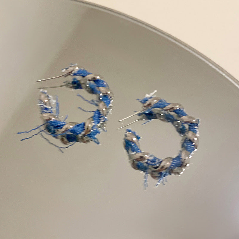 【Be231001-1】S925銀針韓系牛仔布麻花C形耳環耳釘B