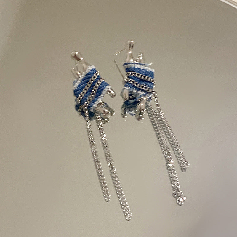 【Be231001-1】S925銀針韓系牛仔布麻花C形耳環耳釘B