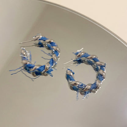 【Be231001-1】S925銀針韓系牛仔布麻花C形耳環耳釘B