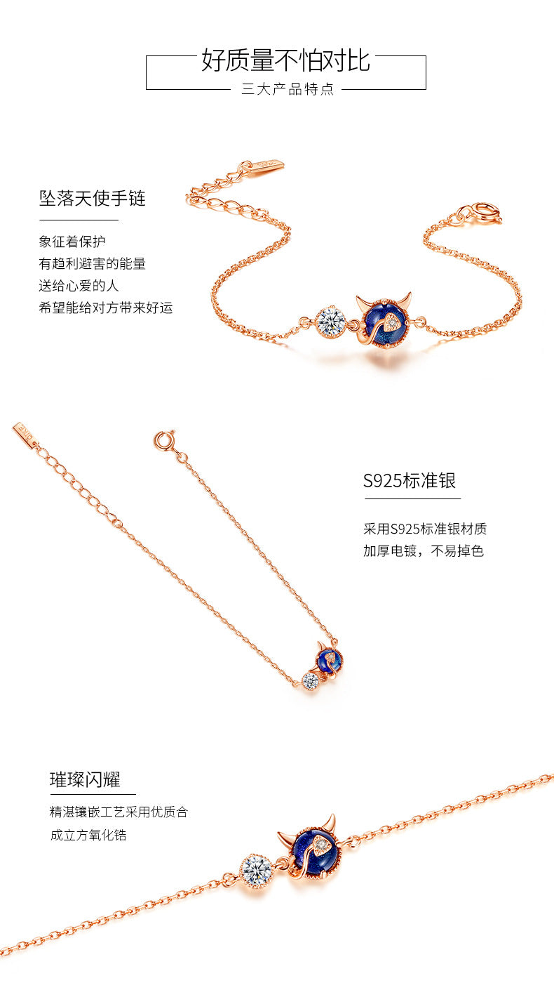 【Ab231001-4】惡魔手鏈純銀加厚電鍍玫瑰金鑲琉璃A
