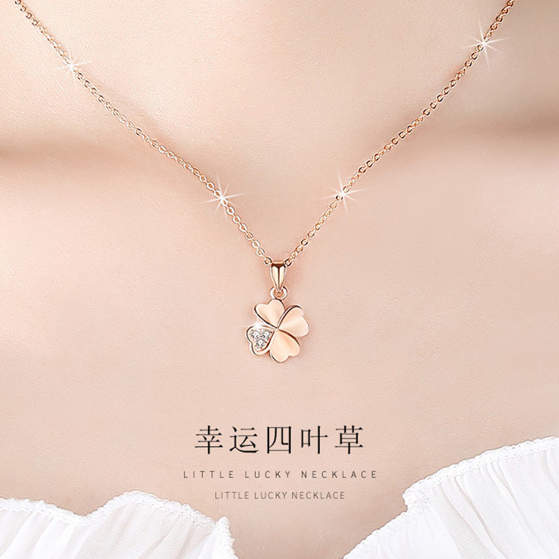【An230801-1】 999純銀抗敏白金玫瑰金四葉草項鍊鎖骨鏈A